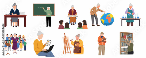 Active Senior Woman Character Set in Various Professional and Educational Roles, Vector Illustration