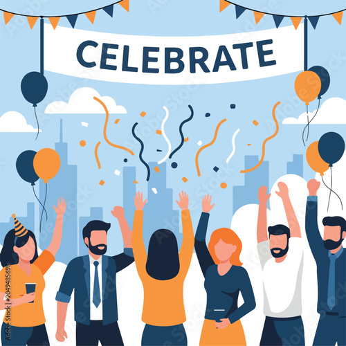 Φωτογραφία A group celebrates with raised hands and festive decorations
