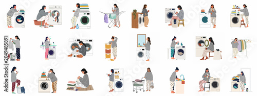 Fotografie A comprehensive collection of flat illustrations depicting a woman's laundry day routine, including washing, drying, folding, and sorting clothes in pajamas