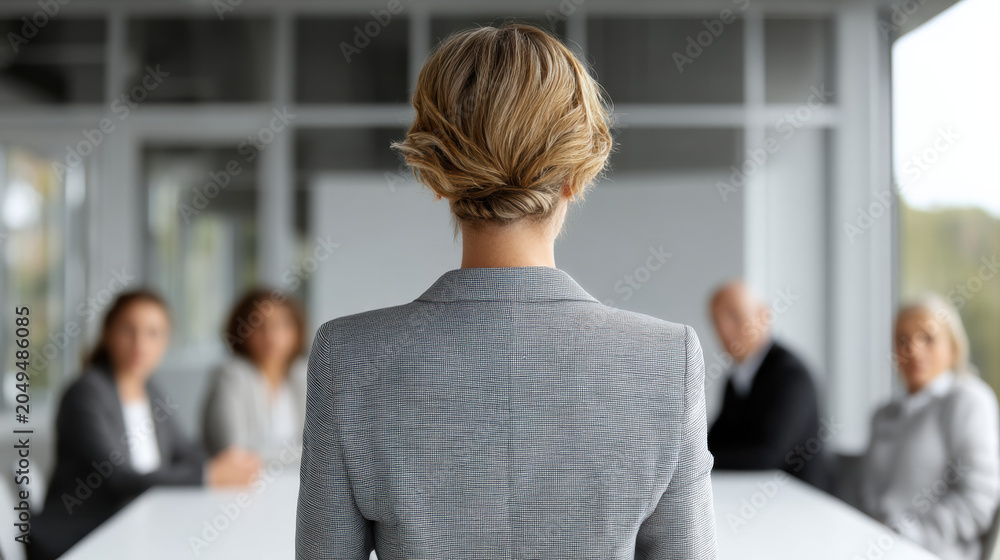 Fototapeta premium Rear view businesswoman office meeting boardroom leadership facing team at conference table, corporate strategy discussion, professional suit