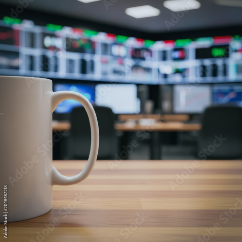 White coffee mug on a wooden desk in a financial trading office representing professional morning routines and market monitoring.