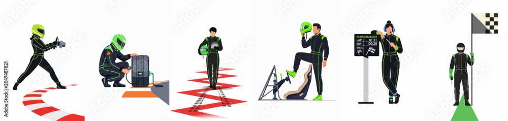 Naklejka premium Flat Illustrations Depicting a Professional Car Racing Team, Including Mechanics, Drivers, and Support Staff Performing Tasks in Their Signature Green and Black Suits.