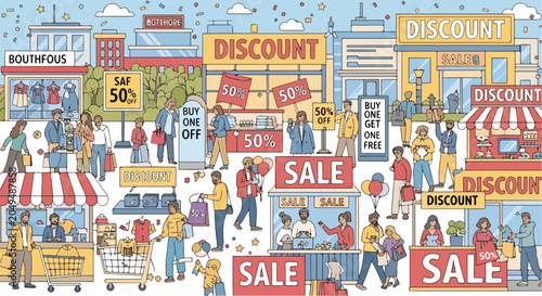 Foto A vibrant cartoon illustration of a bustling shopping street