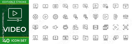 Schilderij op canvas Video Line Icon Set for Media Playback, Streaming Content, Video Recording, Digi