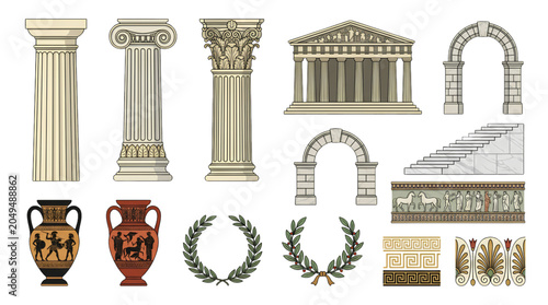 Fotografie Ancient Greek architecture vector collection featuring classical temples columns