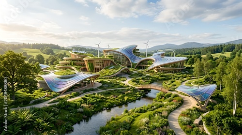 A futuristic eco-friendly building complex surrounded by lush greenery and serene water features