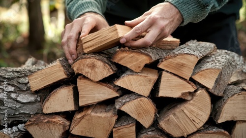 Hands stacking firewood for campfire