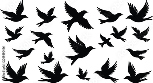 Foto Black flock of birds stencil graphic element collection showing various migrator