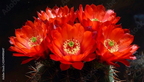 Close-up of vibrant, clustered blooms atop a cactus. The blossoms display bright red petals, with intricate, textured details