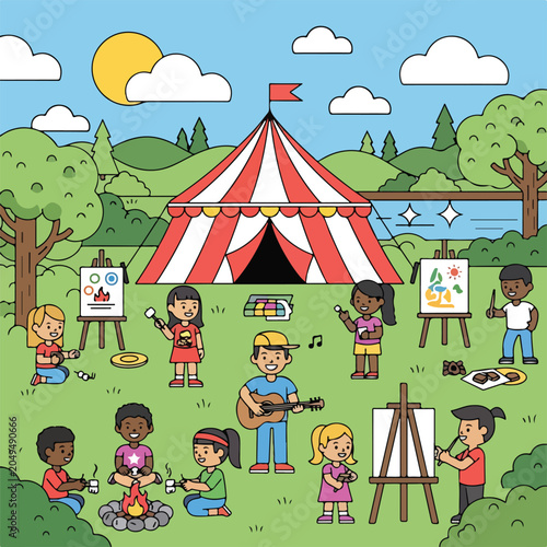 A group of children having fun outdoors at a summer camp