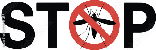 Anti mosquito icon design element with large capital letters typography and prohibited flying insect sign for dengue prevention and pest control banners.