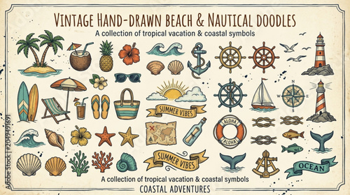 Vintage hand-drawn beach and nautical doodles a collection of tropical vacation and coastal symbols for design isolated on textured background