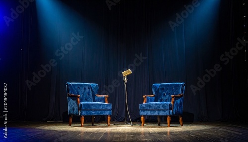 Two blue chairs and microphone under stage spotlights awaiting conversation