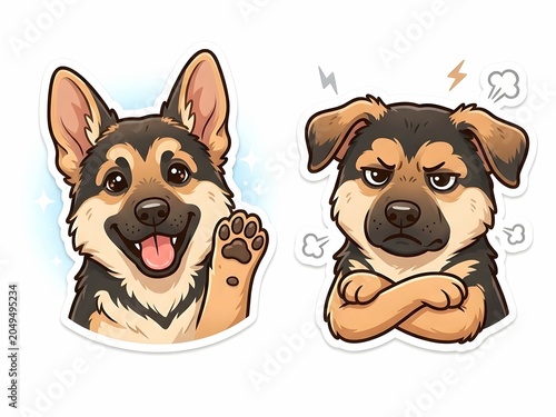 Cute german shepherd puppy cartoon stickers showing contrast emotions
