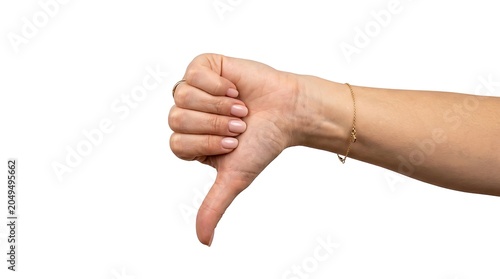 Close-up of a human hand making a disapproving thumbs down gesture, symbolizing negative feedback or dislike on a clean white background