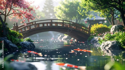 A serene Japanese garden scene with bridge, pond, koi fish, trees, and flowers