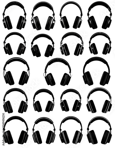 A grid of black headphones against a plain white background