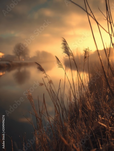 Reeds in foggy morning light along the Rhine River in winter