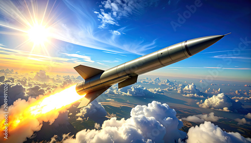Rocket launching into sky with blazing fire and smoke, sun shining through clouds, blue sky, motion blur
