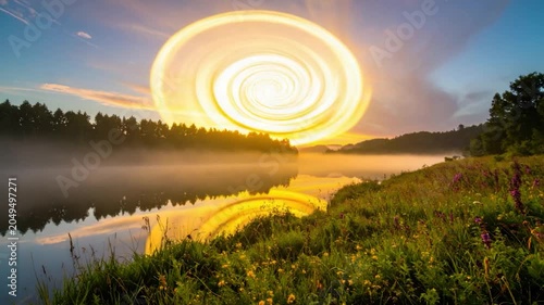 Swirling light above a foggy lake, trees reflected in water with bright flowers