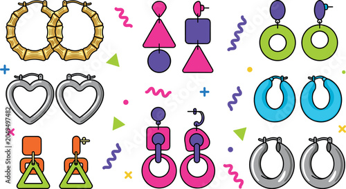 Canvastavla Colorful Retro Eighties and Nineties Geometric Earring Set Featuring Bamboo Hoop