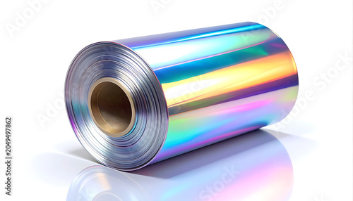 Roll of holographic foil material with iridescent rainbow sheen, isolated on a white background, reflective surface