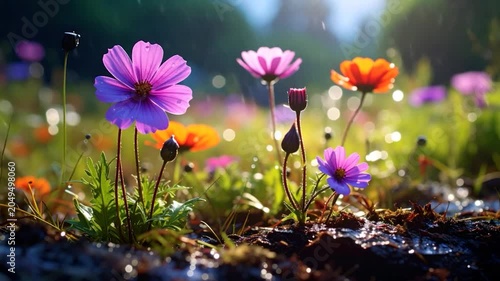 Colorful wildflowers thrive under a gentle rain. Sunlight glistens
