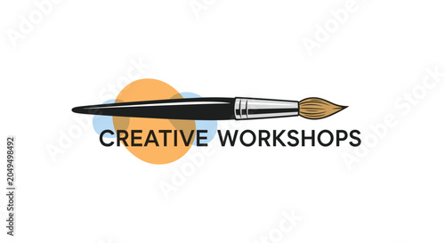 Artistic paintbrush illustration with the text creative workshops displayed below it against a backdrop of soft orange and blue circles.
