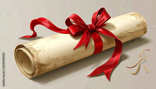Rolled old scroll tied with a red ribbon and bow, symbolizing achievement, award, diploma, or historical document