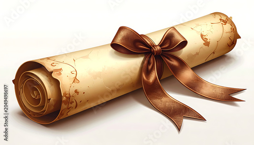 Rolled parchment scroll tied with a brown ribbon and bow, aged paper texture, award or diploma concept