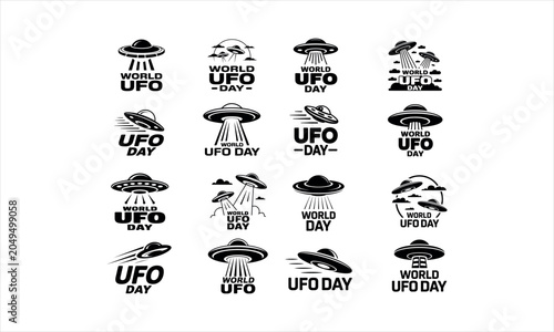 World UFO Day celebration logos with flying saucers and text alien spaceship