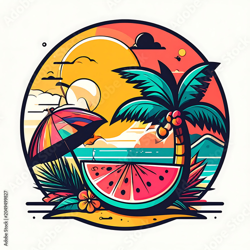 Retro summer vacation scene with palm tree, watermelon slice, and beach umbrella under a vibrant sun, graphic illustration