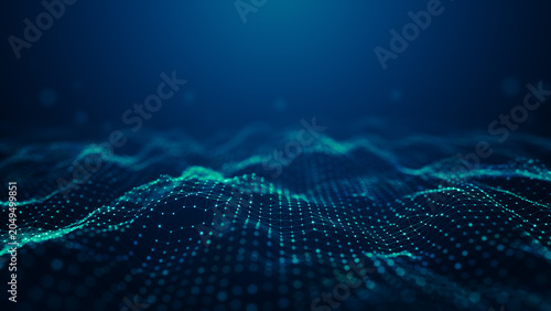Abstract Digital Data Network with Connected Data Points and Wireframe Mesh, Big Data Visualization, AI Technology, Futuristic Communication and Connectivity Background, 3d rendering