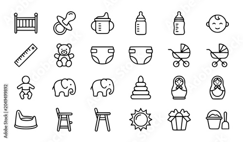 Foto Thin Line Baby Care and Nursery Icon Set with Infant Essentials Toys and Parenti