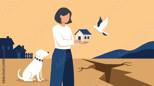 Bild auf Leinwand Woman holding house model with dog and dove near earthquake crack