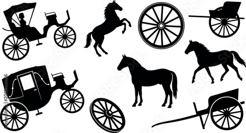 Quadro su tela Vintage Carriage and Horse Silhouette Element Set Featuring Retro Coach Buggy Wa