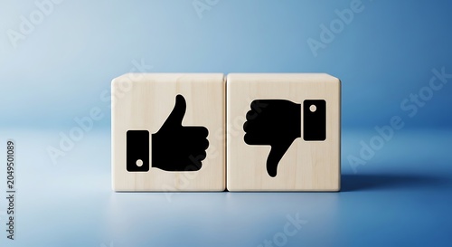 Two wooden cubes with black thumbs up and thumbs down on a blue background, like dislike approval