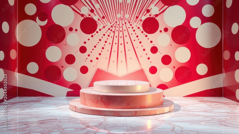 Fototapeta premium Red, white stage backdrop features circular patterns. Gold podium stands on marble floor. Dramatic lighting creates tunnel effect.