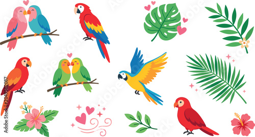 Foto Cute Tropical Parrot Icon Set Featuring Cartoon Macaws Lovebirds on Branches Fly