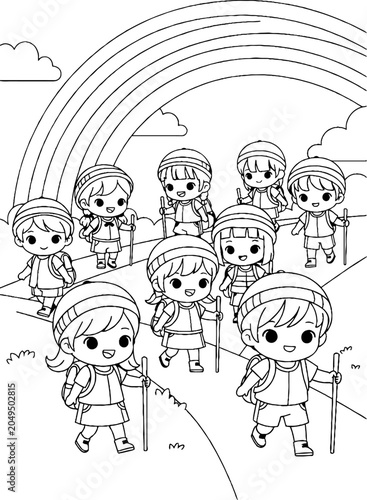 Cartoon Children Hiking Together Under Rainbow Scene.