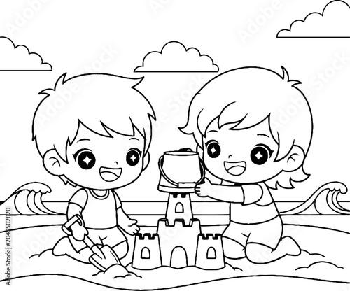 Happy Children Building Sandcastle at the Beach Together.