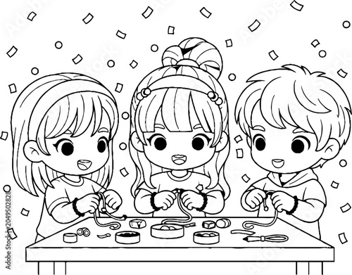 Three cheerful children crafting together at small table.