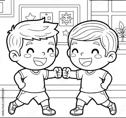 Happy cartoon boys celebrating with a friendly fist bump indoors.