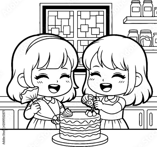 Two happy cartoon girls decorating a birthday cake together.