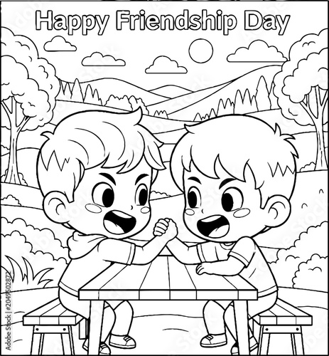 Cute cartoon boys celebrating Friendship Day together outdoors.