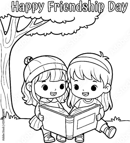 Two Young Friends Reading Together Under a Tree.