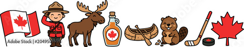 Foto Canada Day Vector Icon Set Featuring Cute Cartoon Canadian Flag Mountie Moose Ma