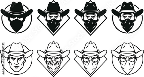 Schilderij op canvas Wild West Cowboy Outlaw Badge Set Featuring Bandit Portraits in Hats and Bandana