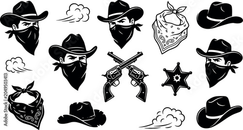 Canvas Print Wild West Cowboy Bandit Vector Icon Set Featuring Outlaw Portraits with Bandanas