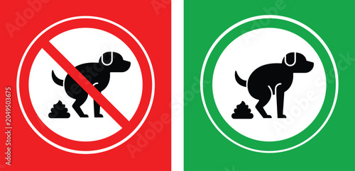 Dog pooping warning sign pet shitting silhouette.Red and green background